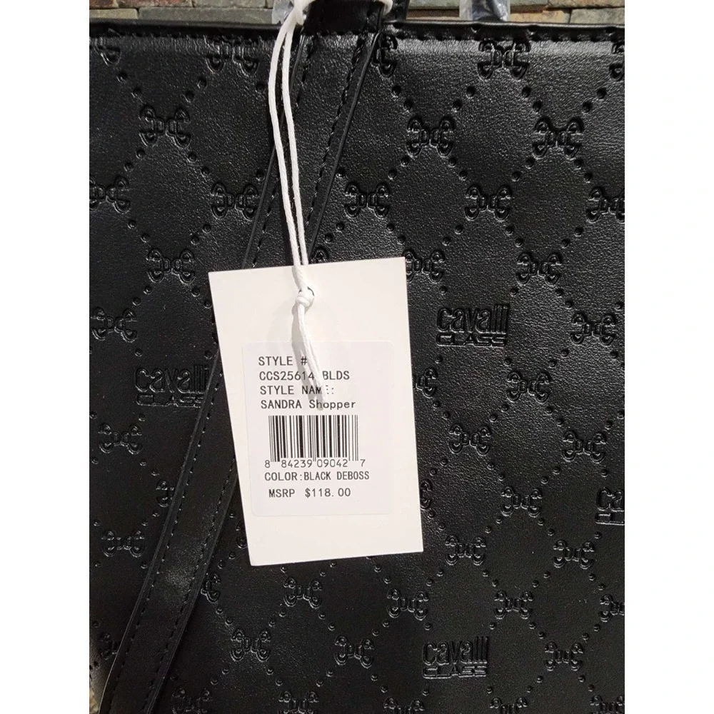 Cavalli Class Tote Bag Black Quilted Logo Satchel Purse Top Handle New